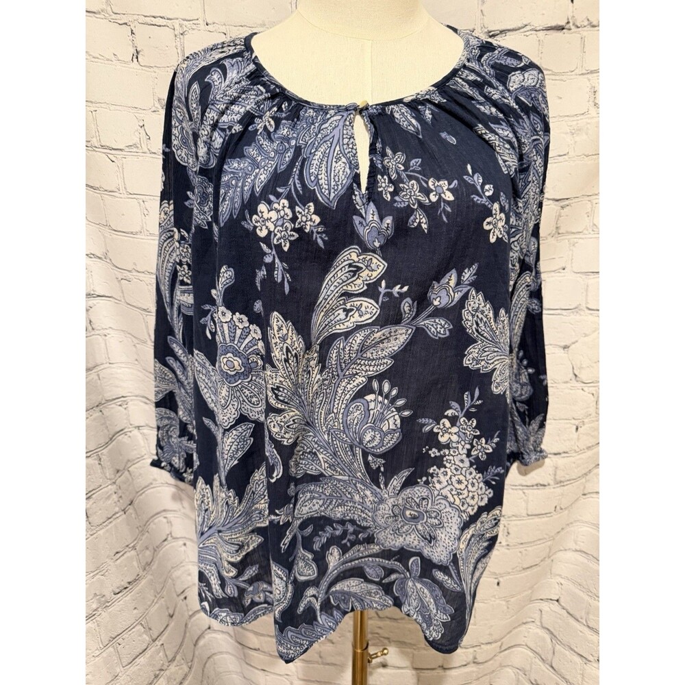 Chaps Navy Floral 3/4 Elastic Sleeve Sheer Round Neck Button Tunic Cotton Top XL